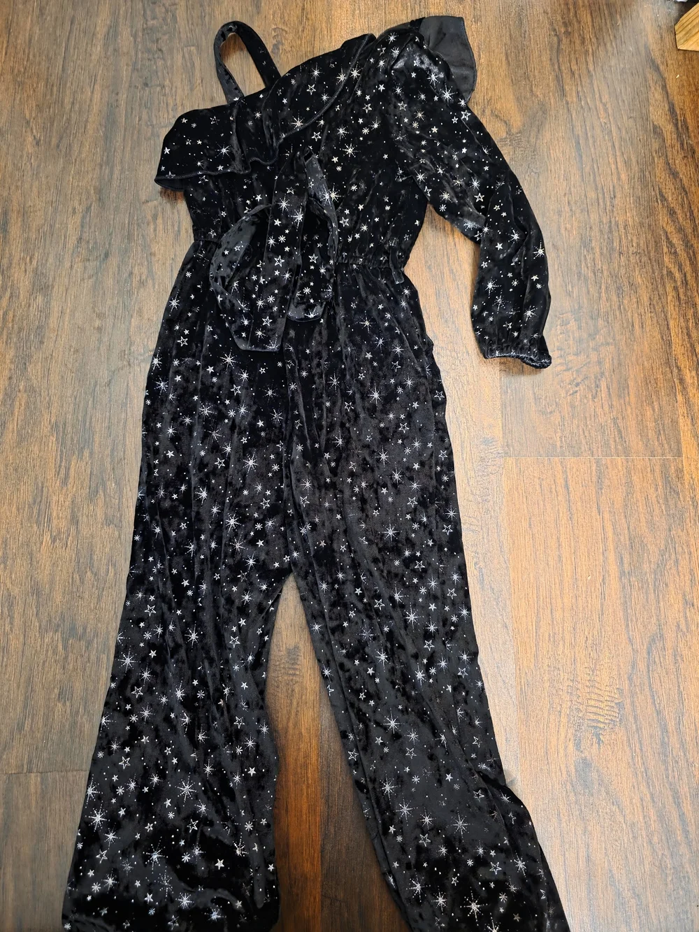 Justice Black Velvet Star Print One-Shoulder Jumpsuit Size 7/8